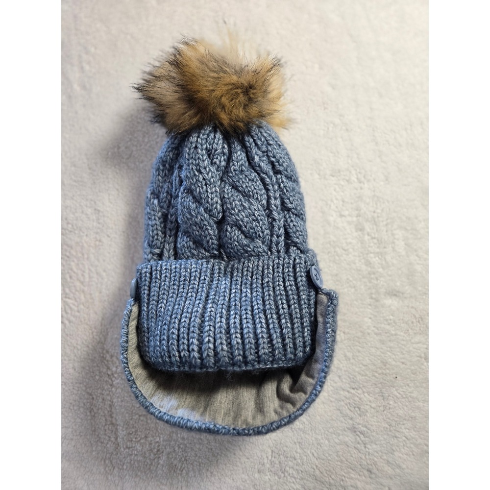 Anthropologie Blue Cable Knit Beanie Faux Fur Pom Fleece Lined Face Mask Button